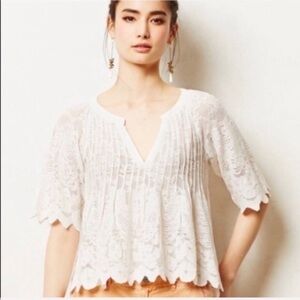 Anthropologie | Meadow Rue Danut White Crochet Stretchy Lace Babydoll Top Size S